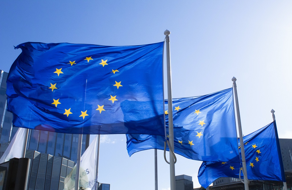 Bandiere sventolanti dell'Unione Europea.